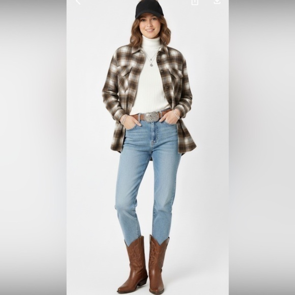 Brown & White Oversized Plaid Button Down Collared Shacket